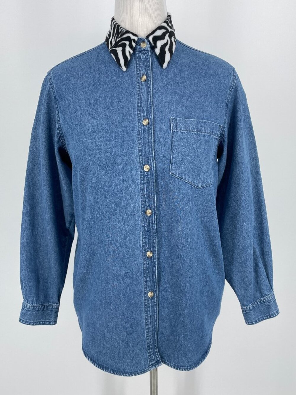 Life Style Blue Denim Shirt with Zebra Print Collar Size M